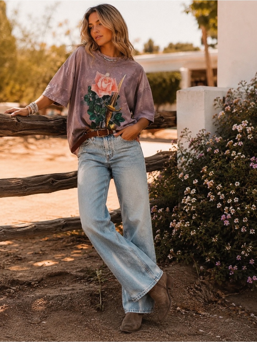 Zara Washed Mauve Graphic Rose Short Sleeve Tee
